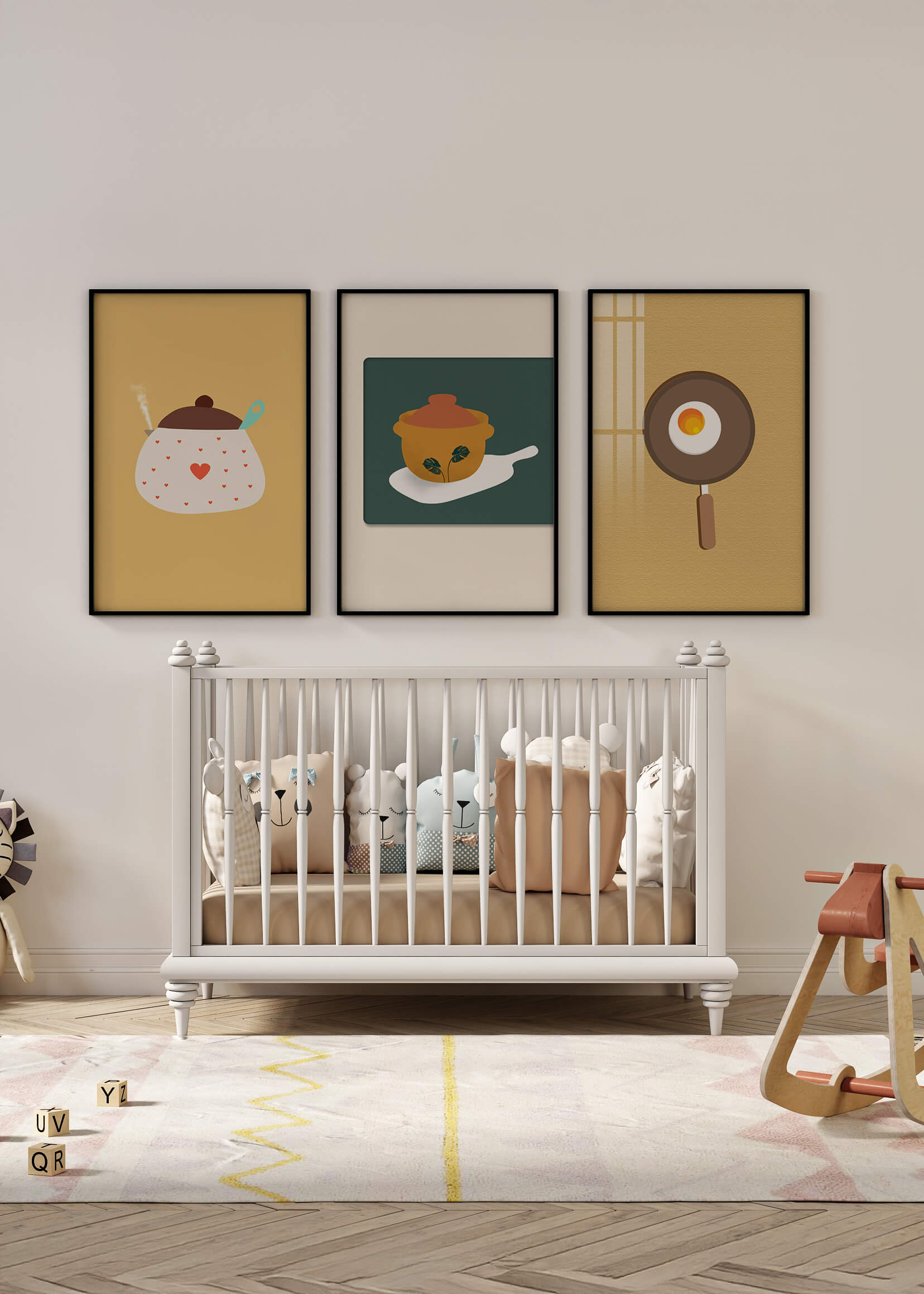 Trio de tableaux de cuisine aux motifs minimalistes et modernes