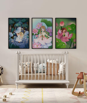 Triptyque enfantin d'art fantastique avec des filles parmi les fleurs