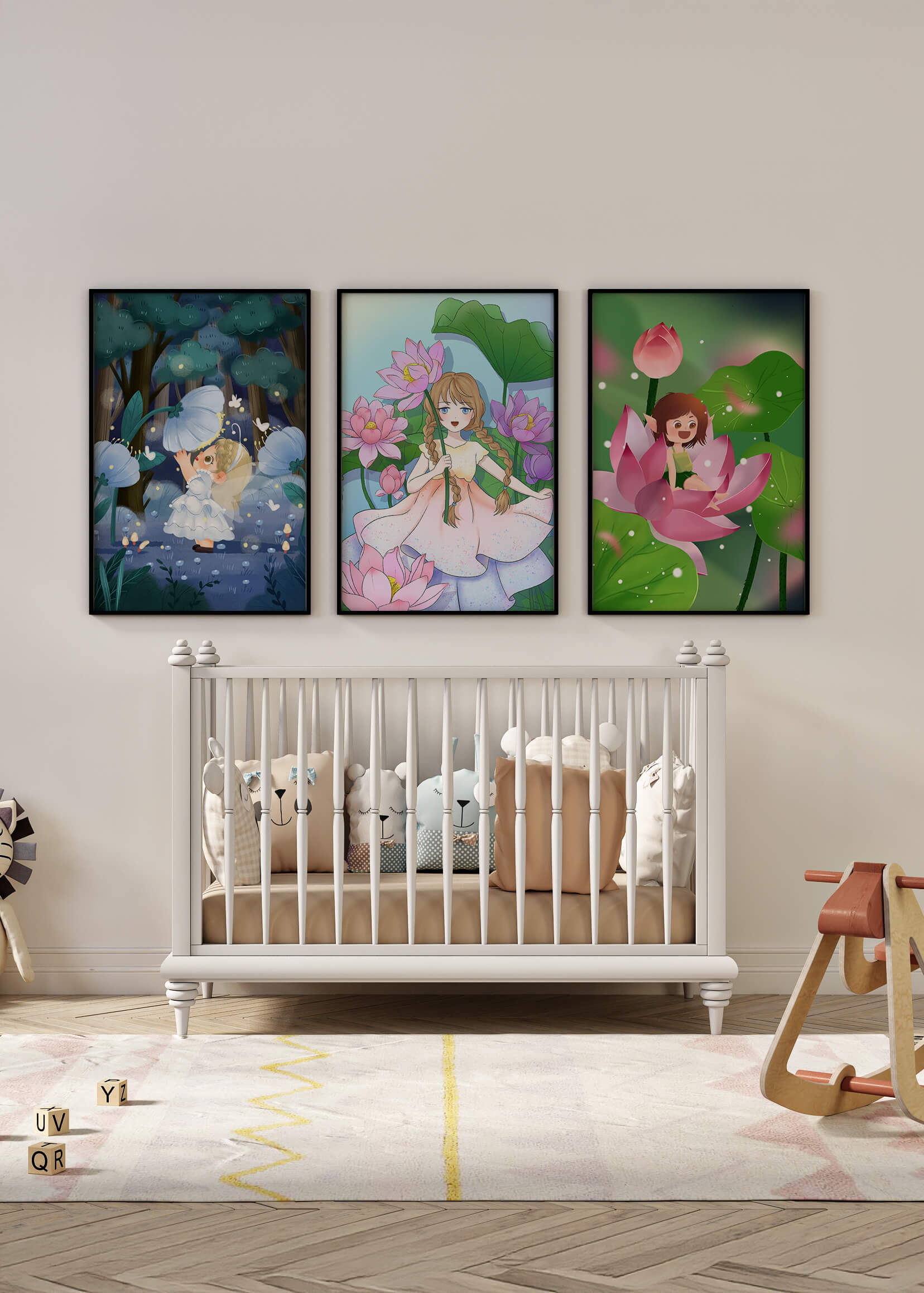 Triptyque enfantin d'art fantastique avec des filles parmi les fleurs