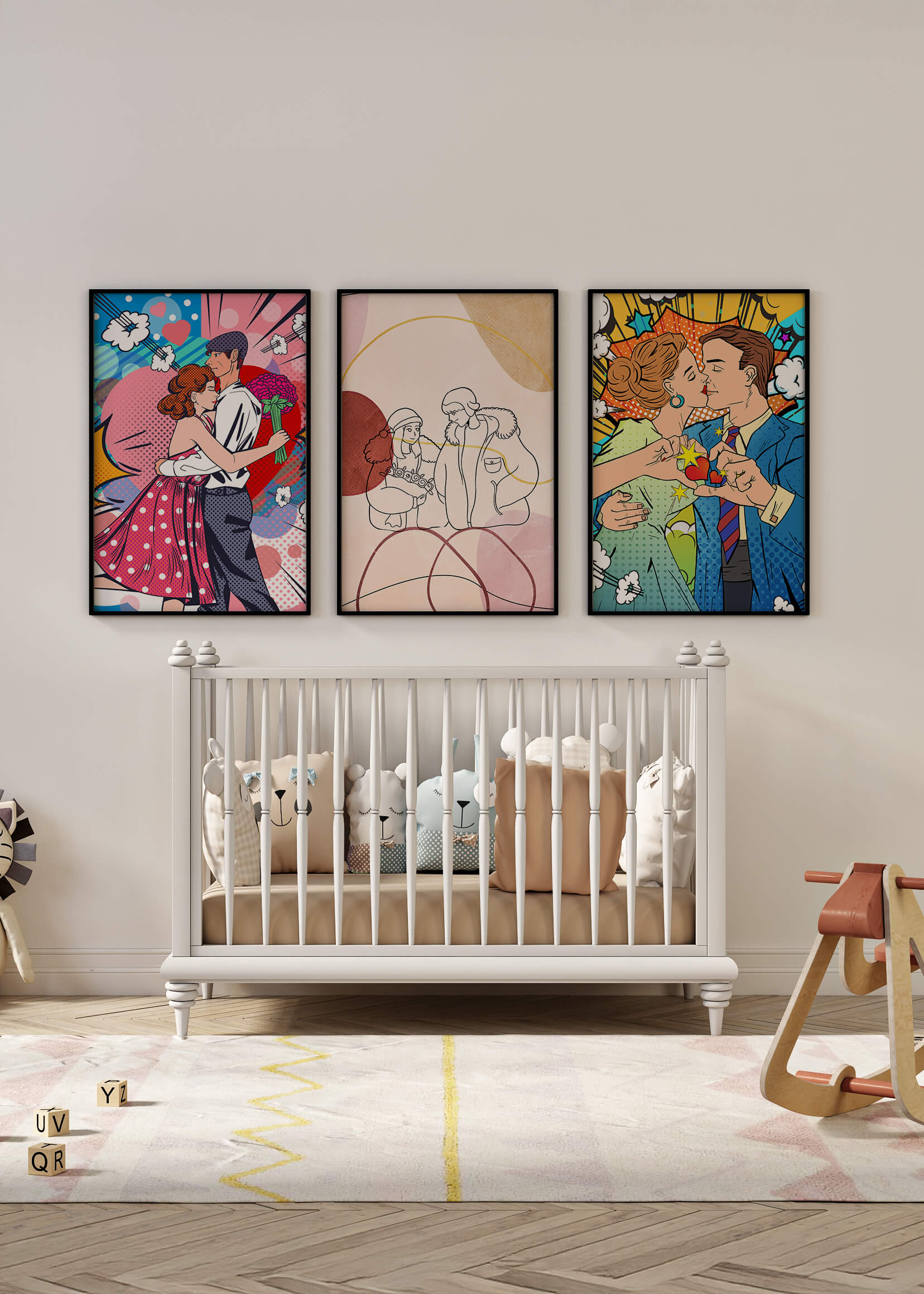 Conjunto De Obras De Arte De Parejas En Estilo Pop Art Y Línea