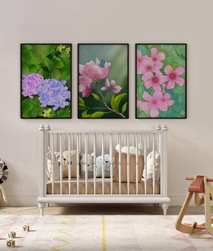 Ensemble de tableaux avec fleurs roses, papillon et hortensias