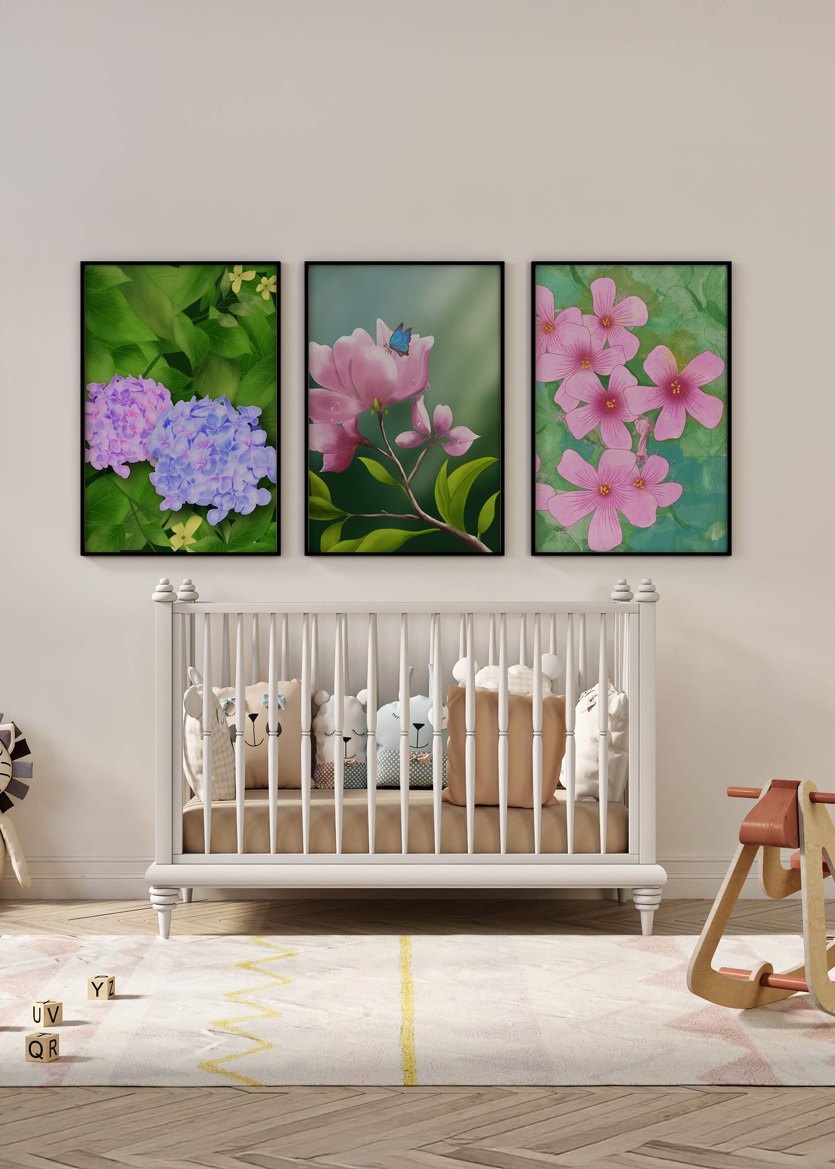 Ensemble de tableaux avec fleurs roses, papillon et hortensias