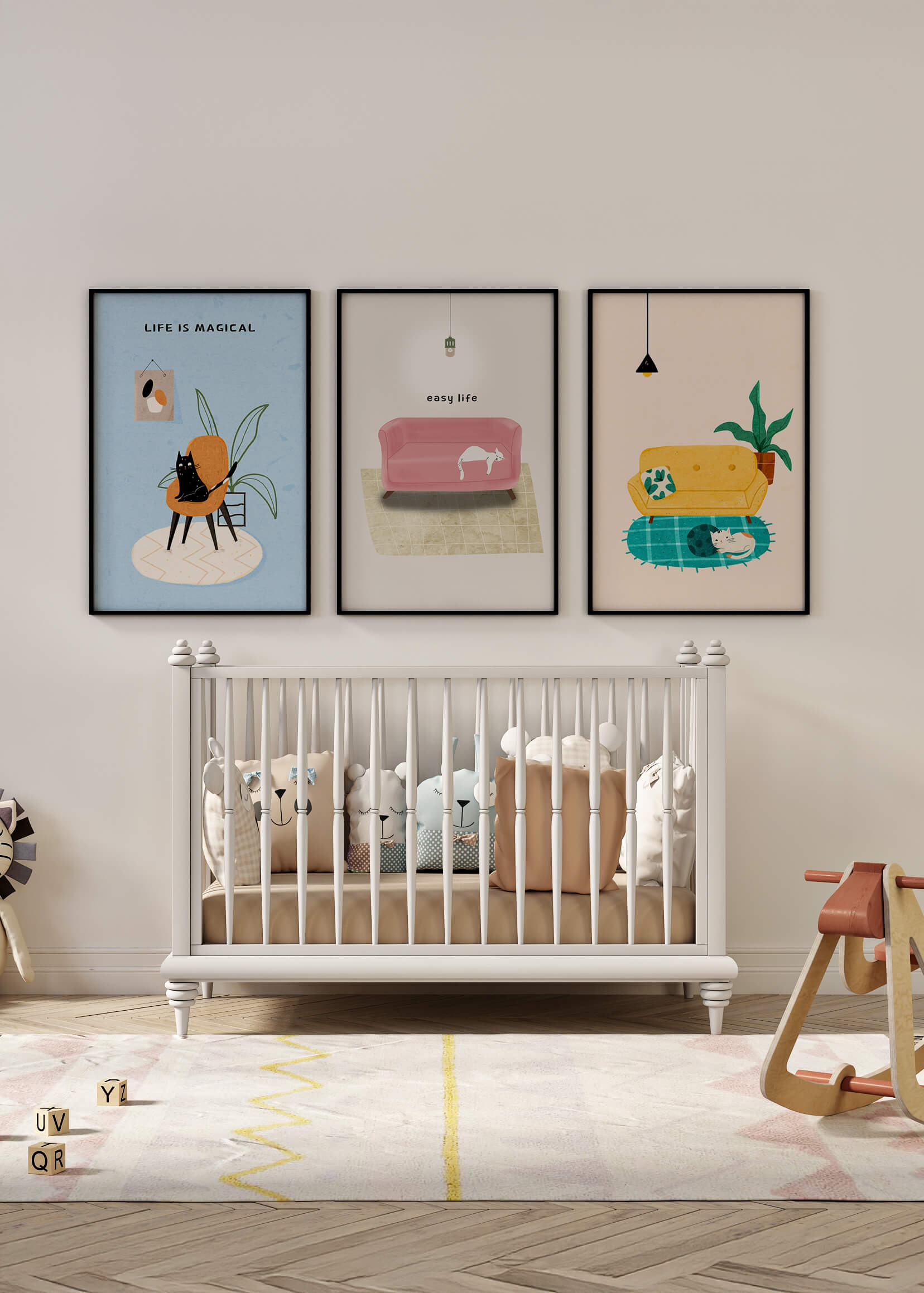 Imágenes minimalistas de gatos y muebles en marcos de madera