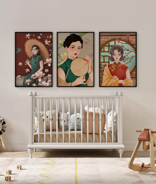 Cuadros Decorativos con Mujeres y Motivos Florales Asiáticos