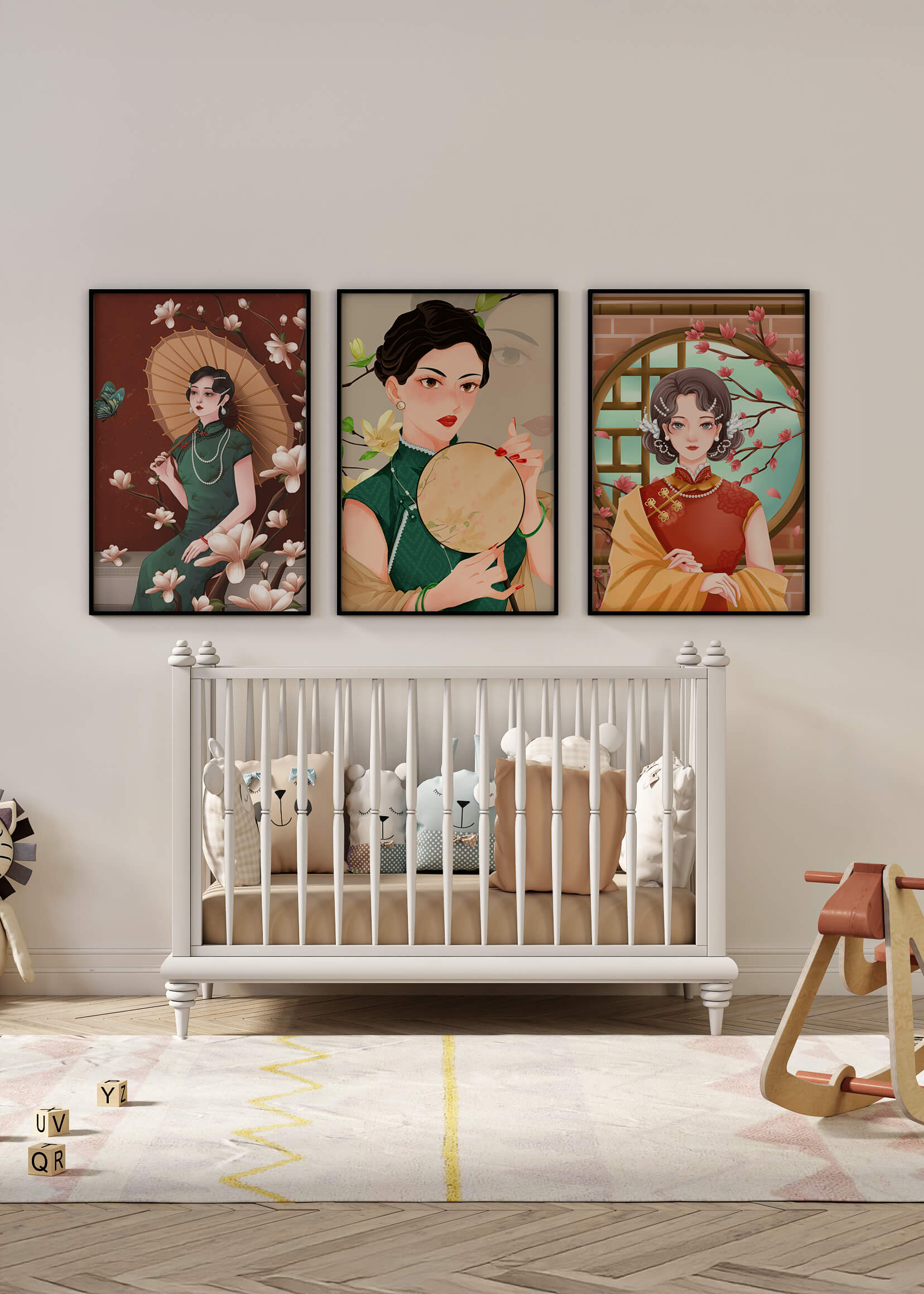 Cuadros Decorativos con Mujeres y Motivos Florales Asiáticos