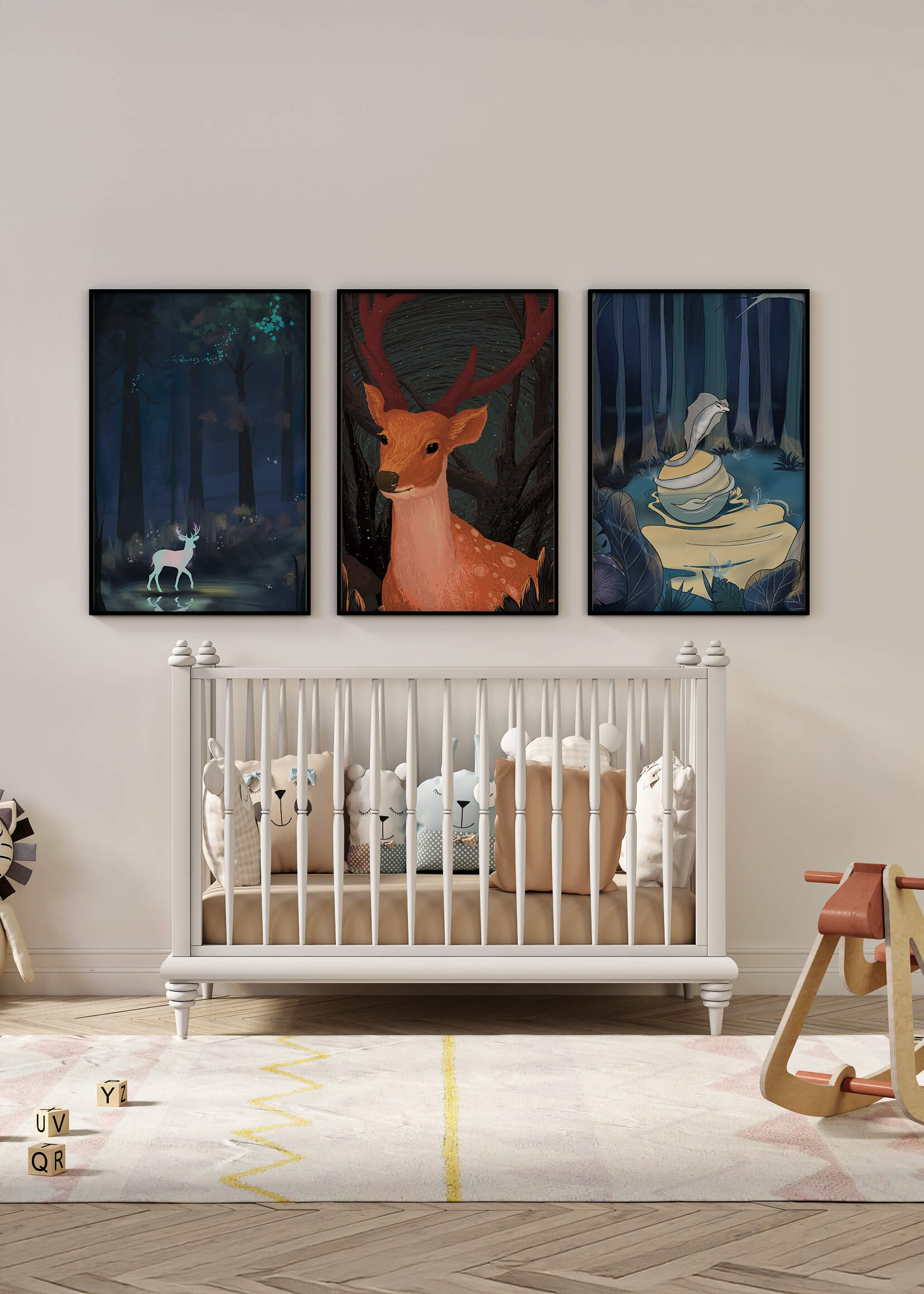 Tríptico De Animales En El Bosque Con Impresión Artística