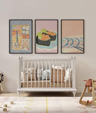 Ensemble de toiles avec illustrations de sushi sur fond pastel