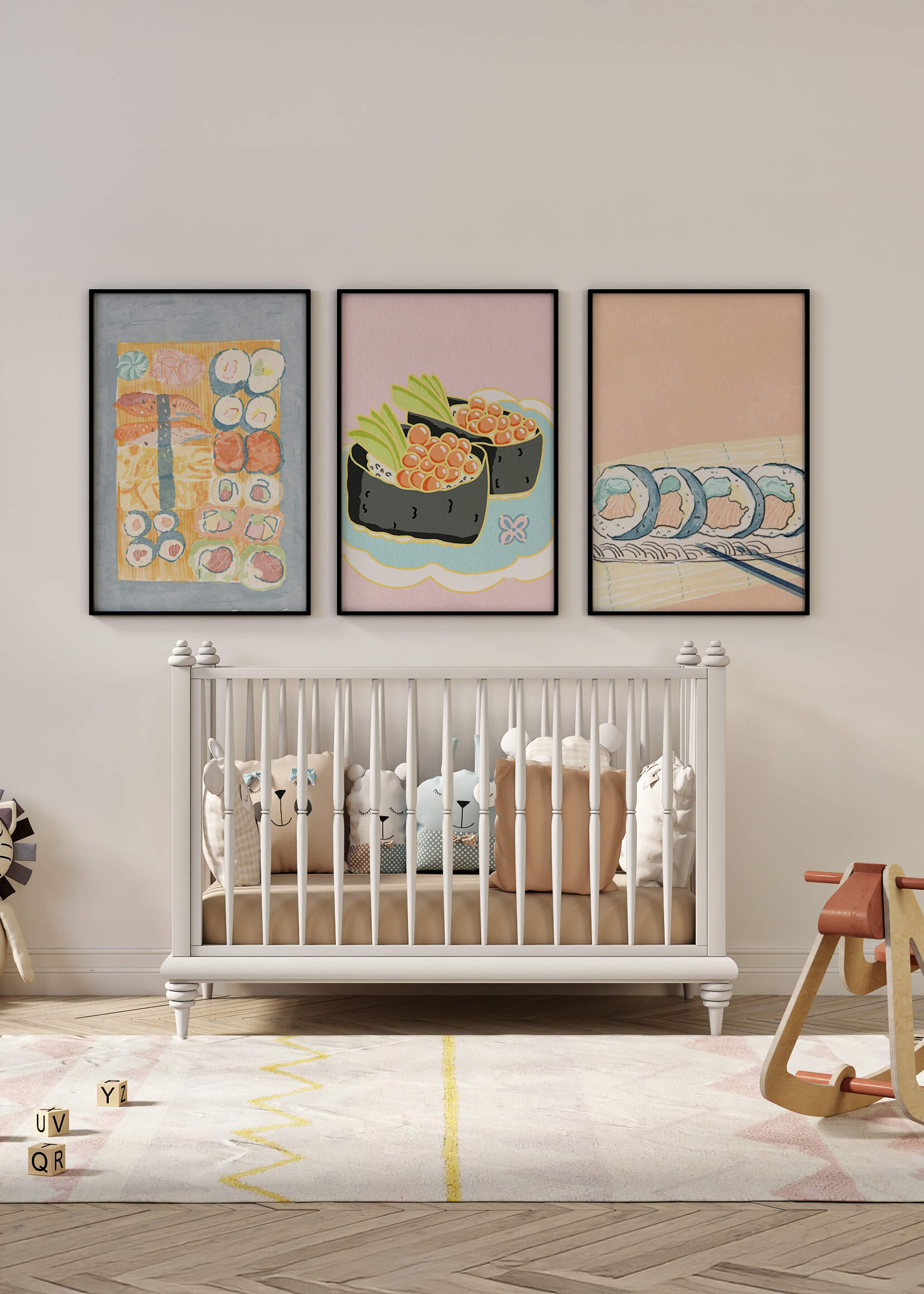 Conjunto de Lienzos con Ilustraciones de Sushi en Fondo Pastel