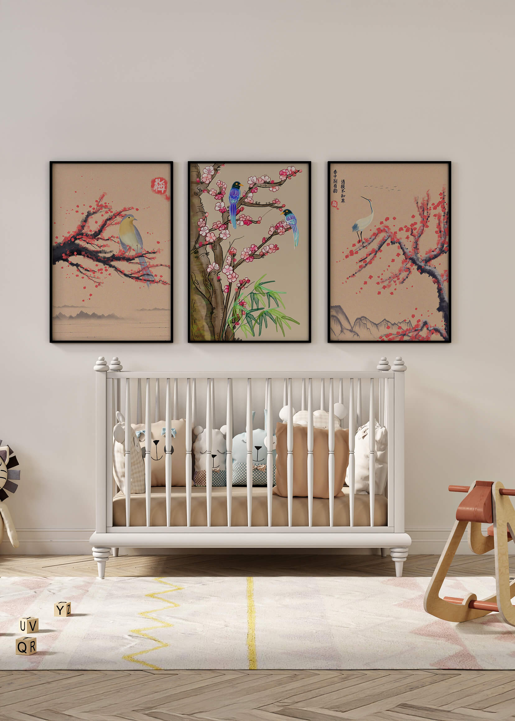 Decoración Oriental con Pájaros y Flores