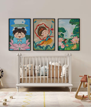 Ensemble d’illustrations de personnages adorables et de motifs floraux dans des tons vibrants