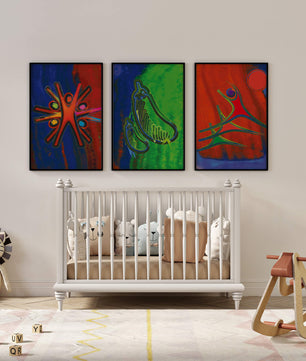 Conjunto de Tres Obras de Arte Abstracto con Elementos en Colores Vibrantes