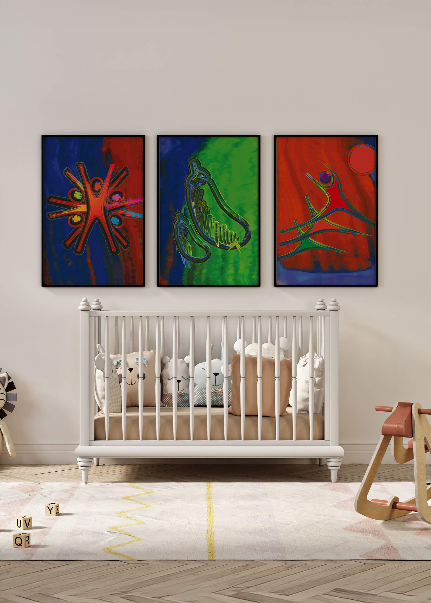 Conjunto de Tres Obras de Arte Abstracto con Elementos en Colores Vibrantes