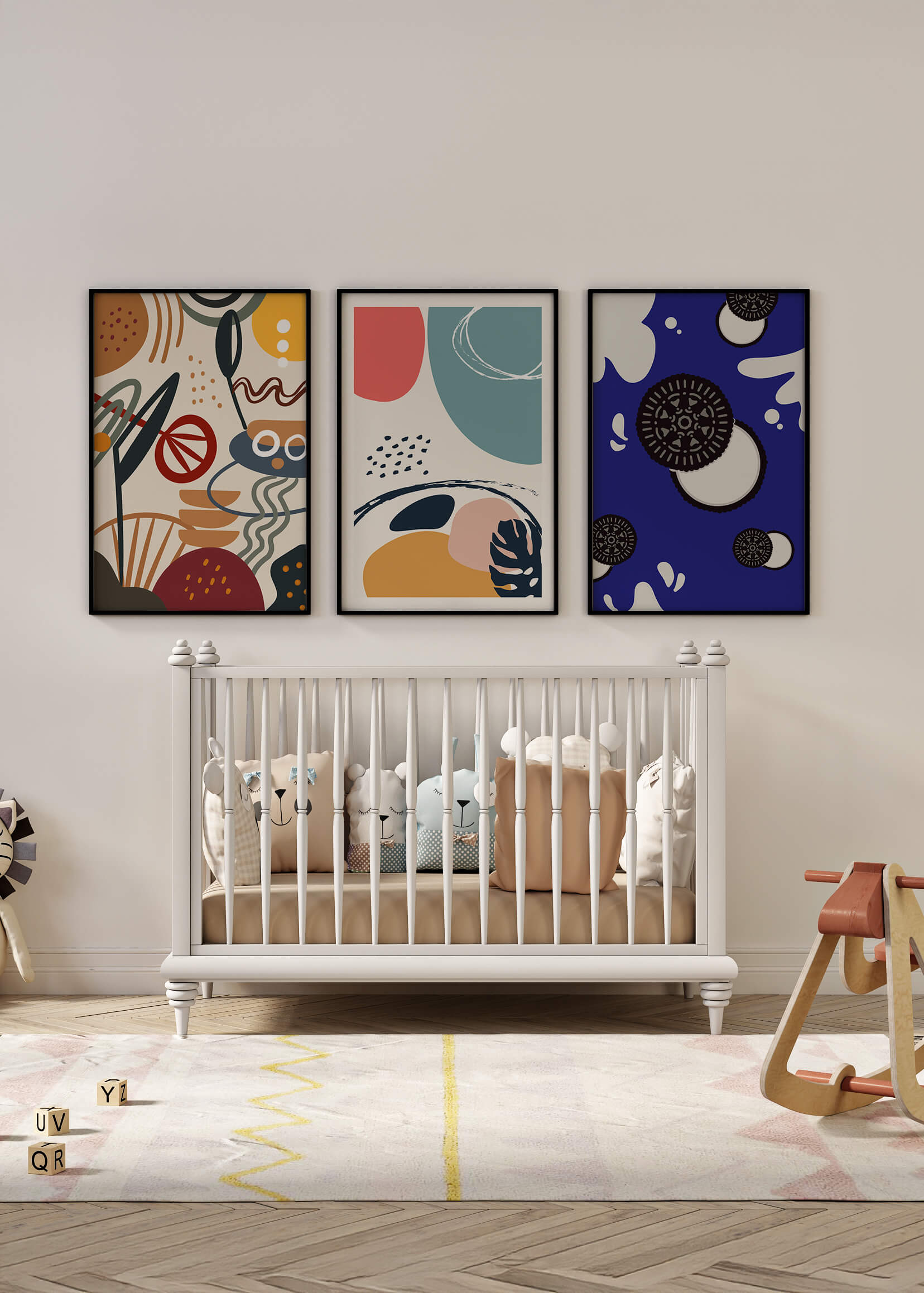 Ensemble de Trois Œuvres d’Art Abstrait aux Couleurs Vibrantes