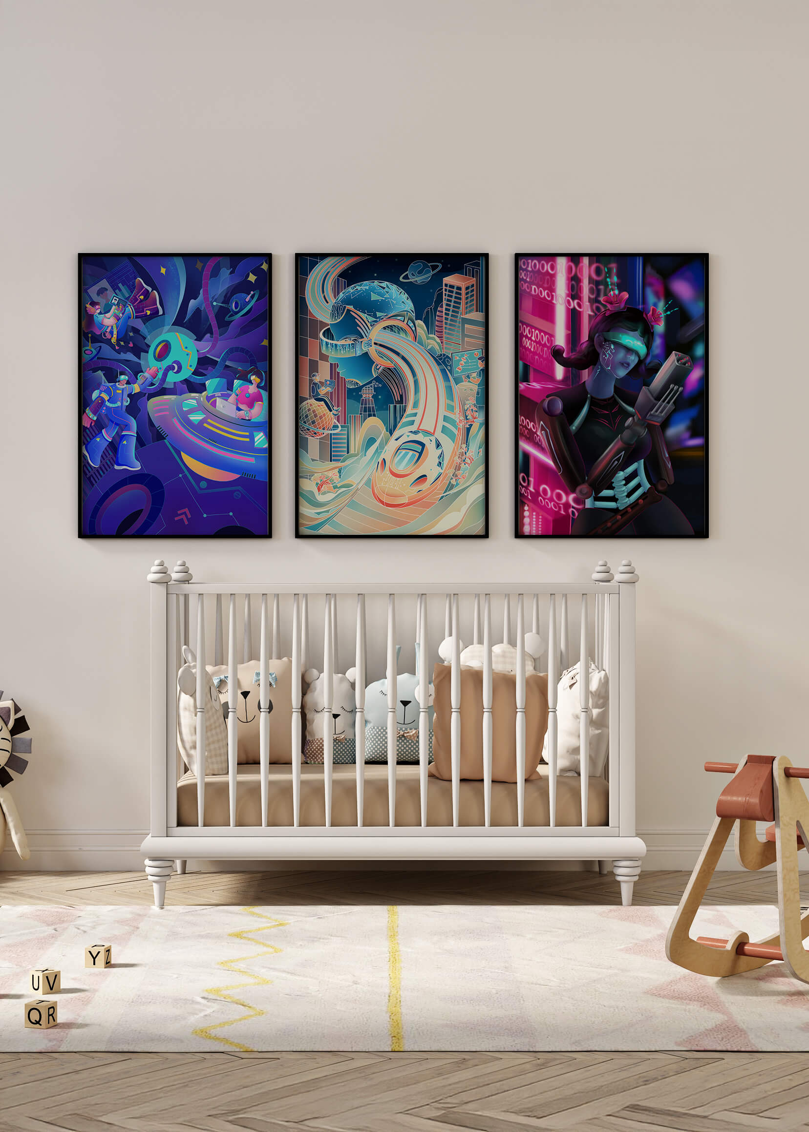 Set aus drei futuristischen Kunstdrucken in modernem Umfeld