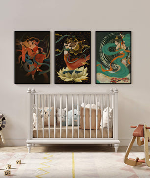 Ensemble d’affiches de style asiatique avec motifs floraux et dorés