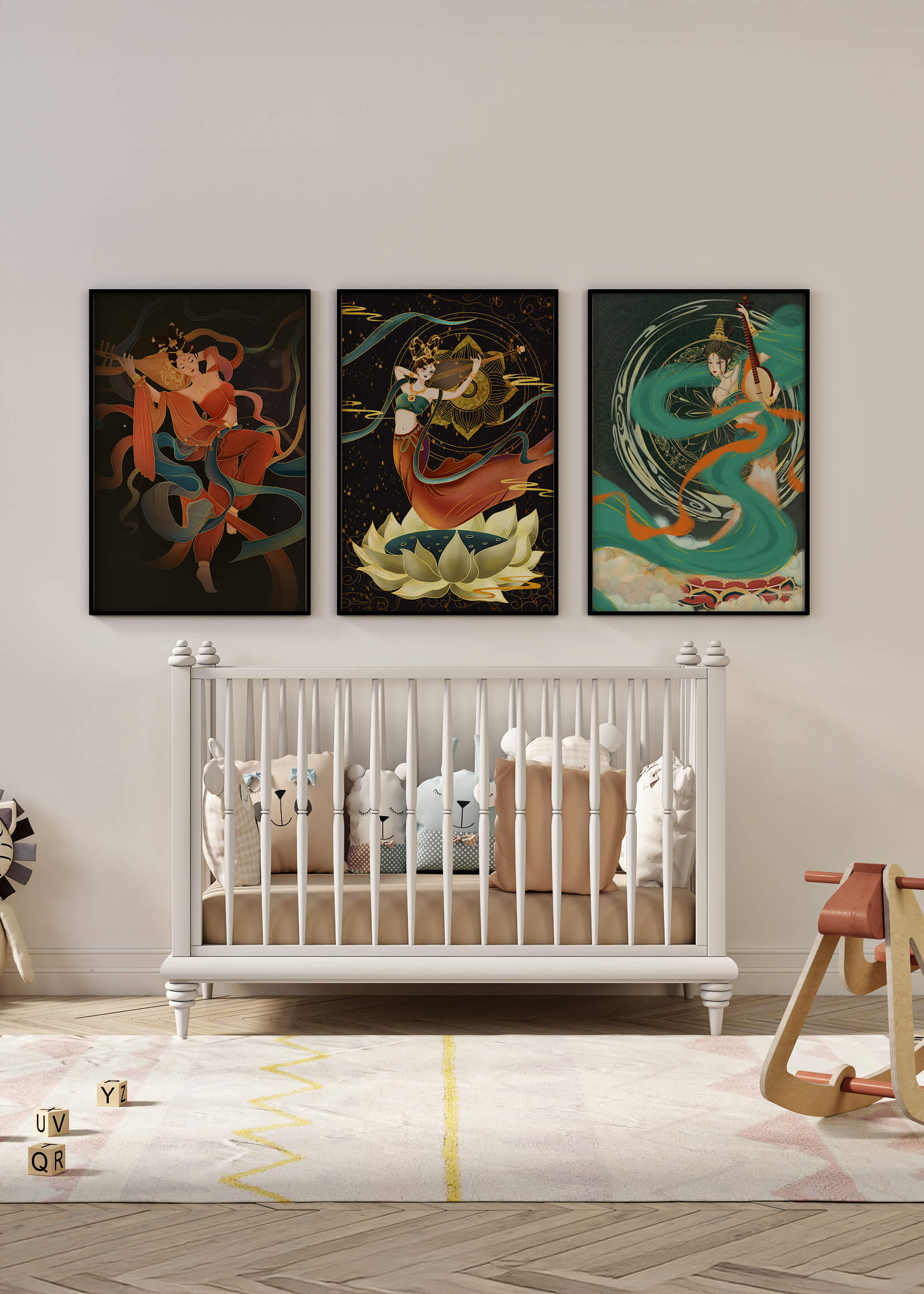 Ensemble d’affiches de style asiatique avec motifs floraux et dorés
