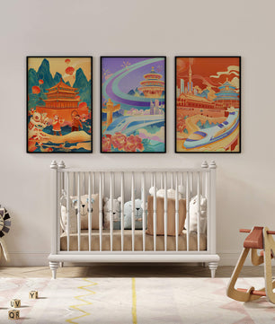 Affiches d’architecture asiatique avec trains et danses traditionnelles