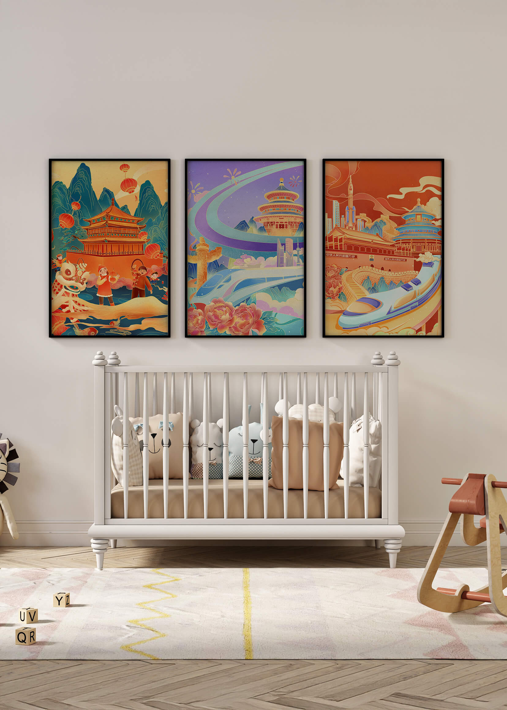 Posters de Arquitectura Asiática con Trenes y Danzas Tradicionales