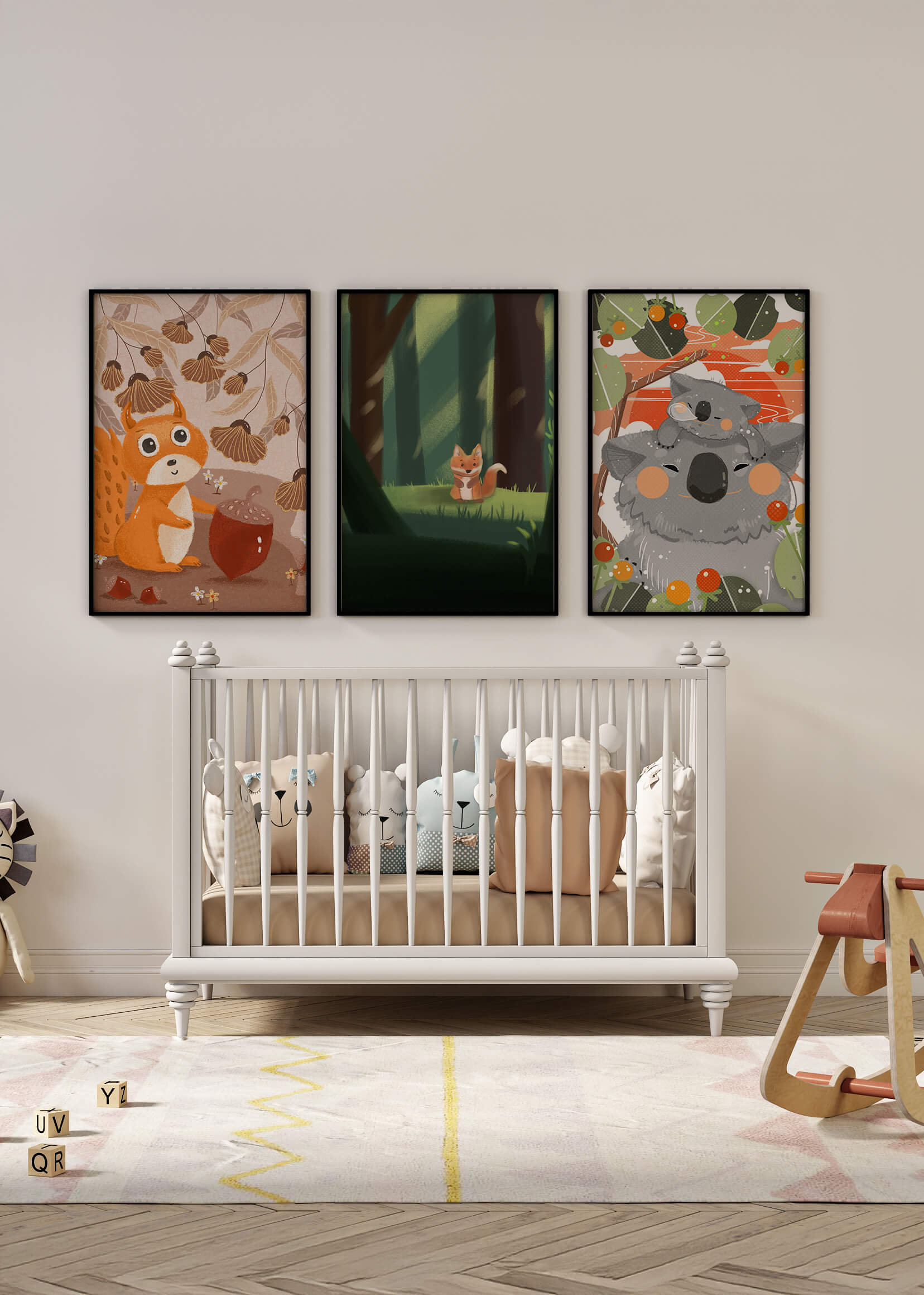 Tríptico de Animales del Bosque en Estilo Infantil