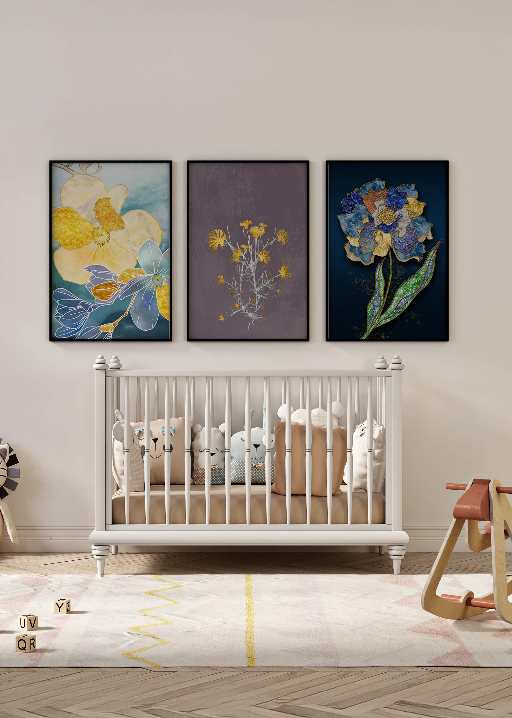 Art floral moderne avec des motifs de fleurs et des éléments dorés