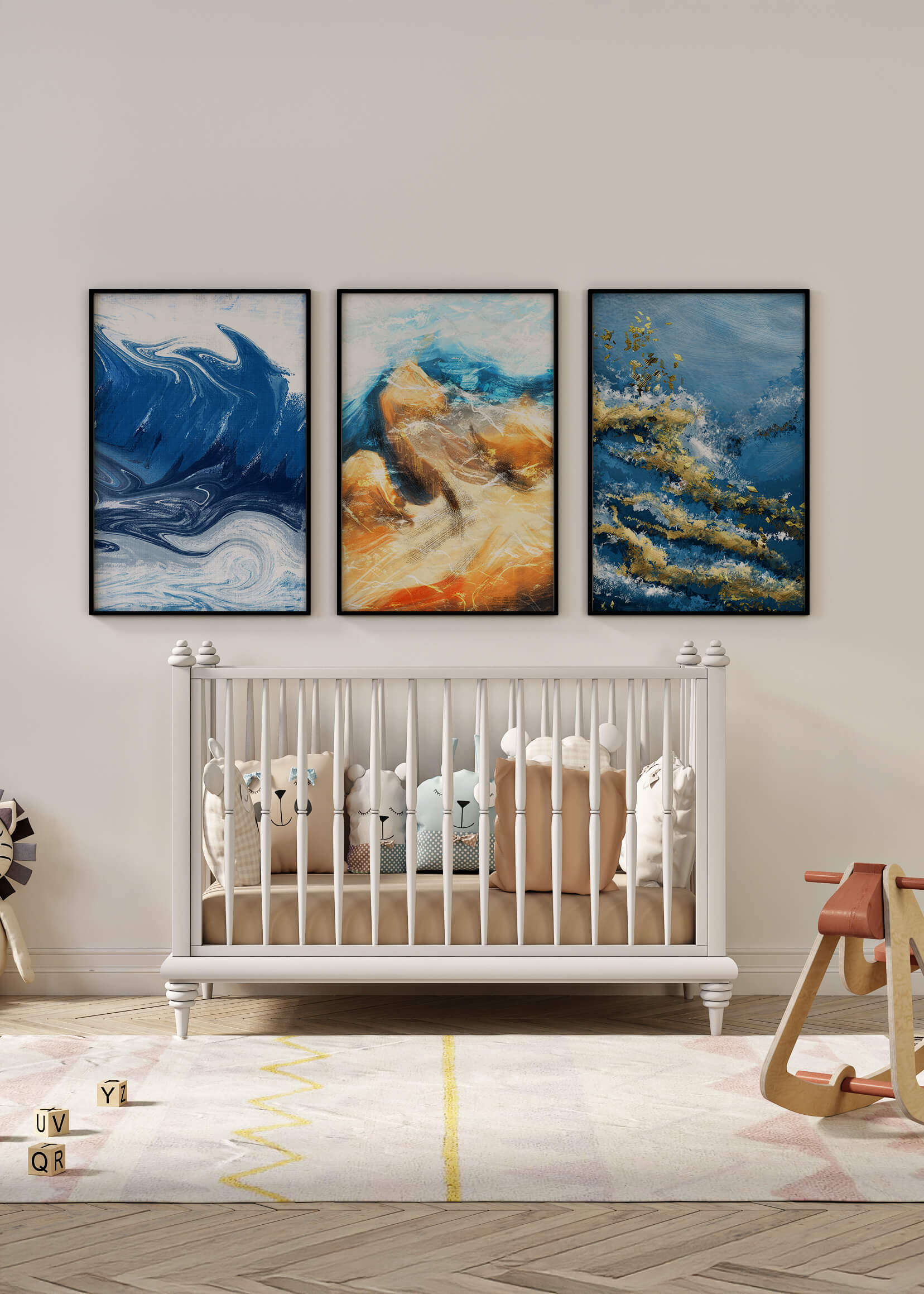 Conjunto de Pinturas Abstractas en Tonos Azules y Dorados