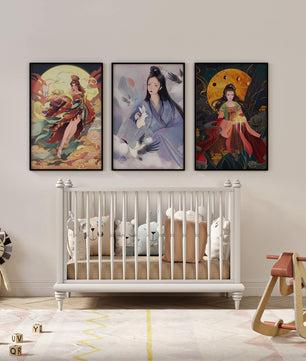 Triptyque d'art asiatique de style anime exposé sur un mur