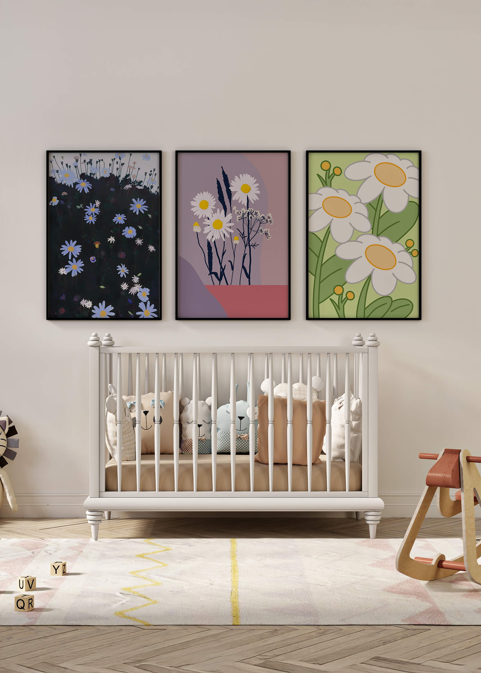 Triptyque d'art floral avec des marguerites en couleurs pastel