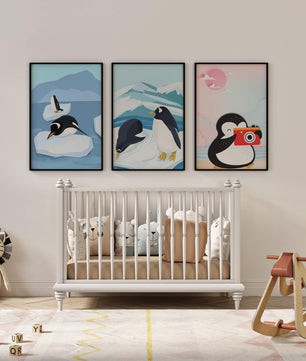 Affiche de pingouins sur plancher en bois