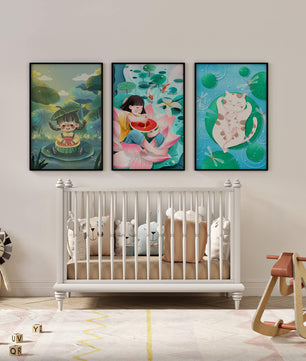Illustrations colorées avec chat et enfants dans un paysage naturel