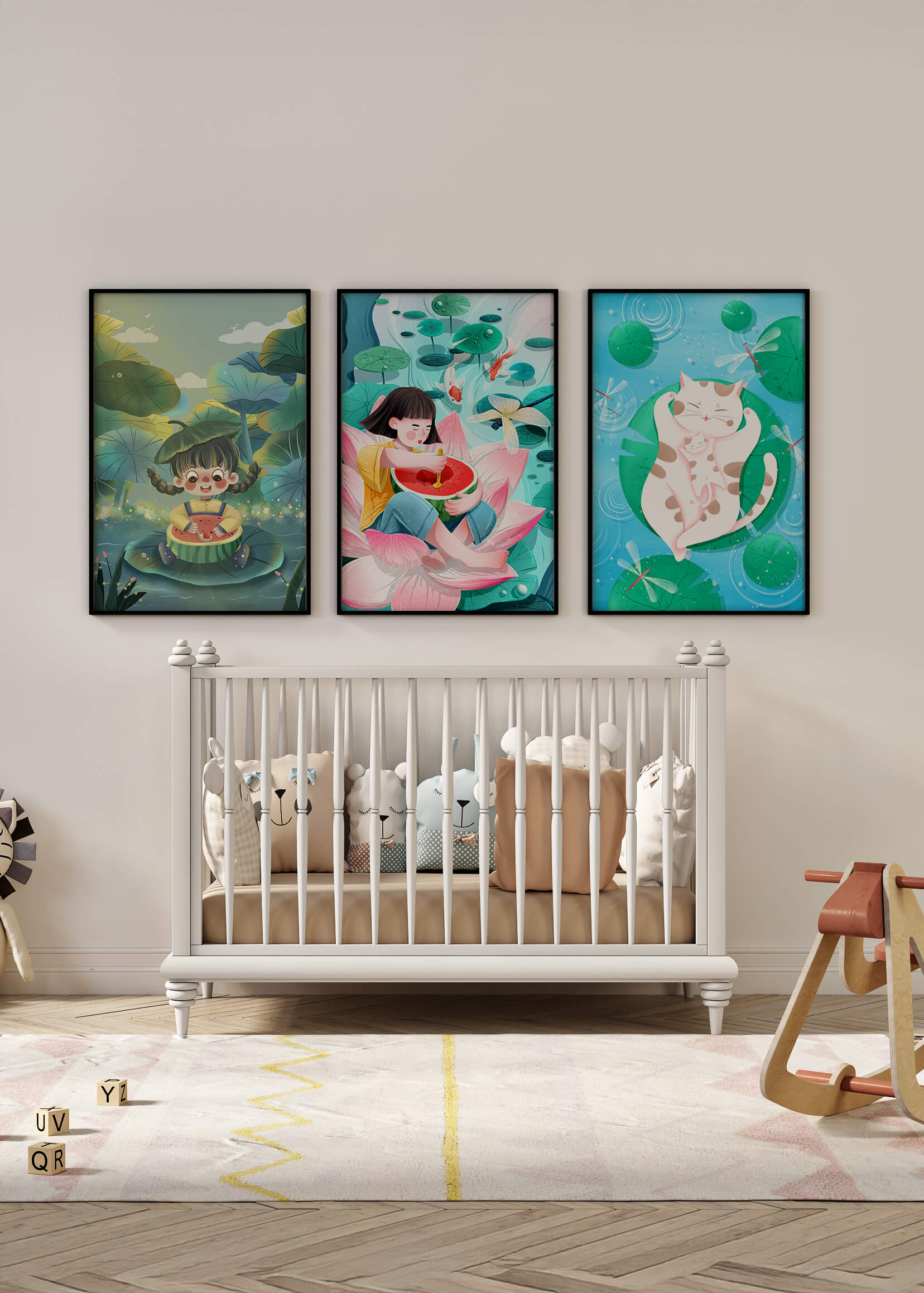 Illustrations colorées avec chat et enfants dans un paysage naturel