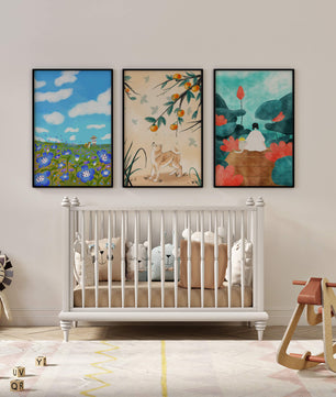 Ensemble de peintures artistiques avec des éléments naturels et des animaux