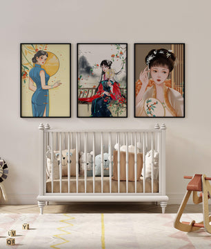 Art numérique avec motifs asiatiques et illustrations de femmes