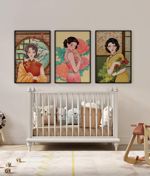 Ensemble de trois illustrations de femmes au style asiatique classique