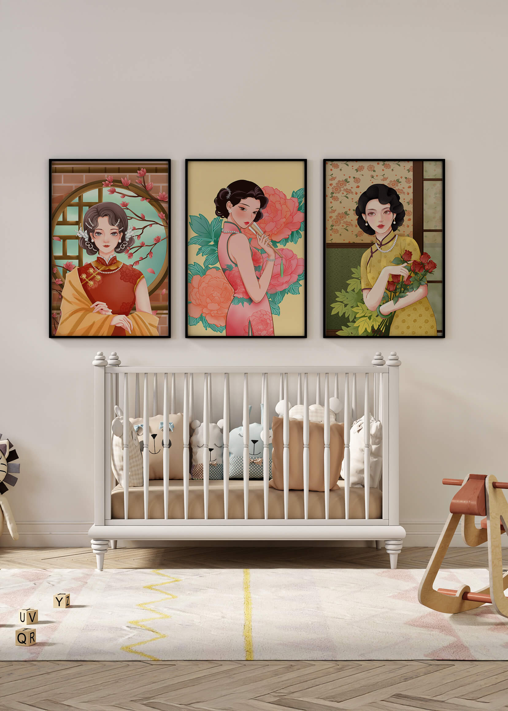 Conjunto de Tres Ilustraciones de Mujeres con Estilo Asiático Clásico