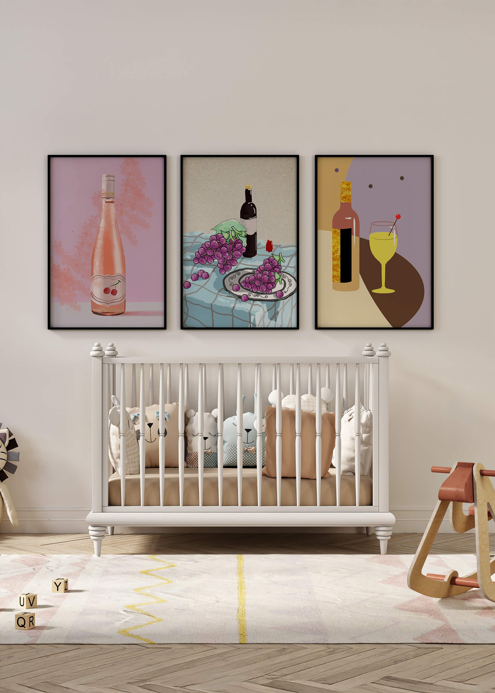 Modernes Kunstwerk mit Flaschen und Getränken auf Holzhintergrund