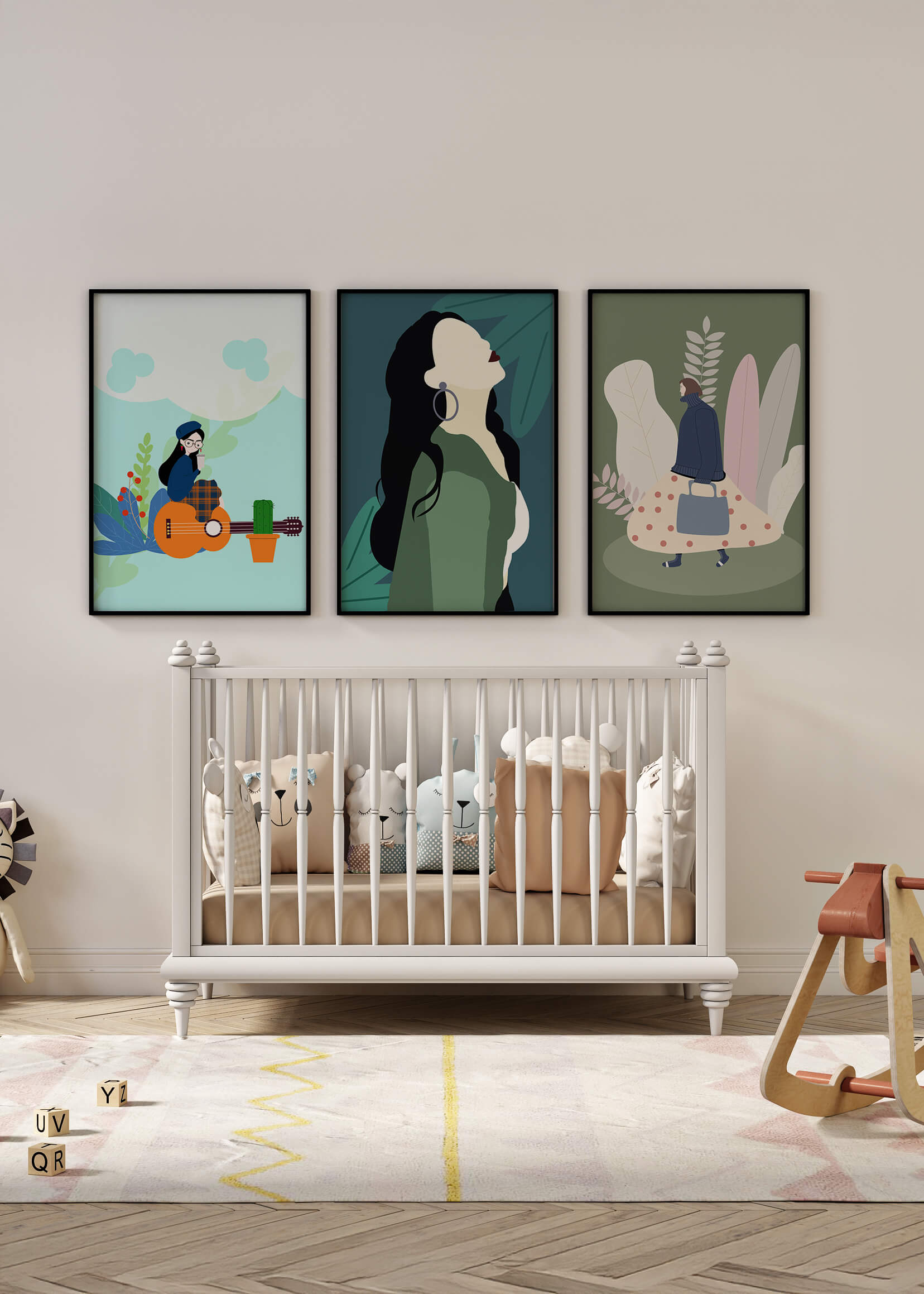 Triptyque d’Illustrations Modernes avec Figures Féminines