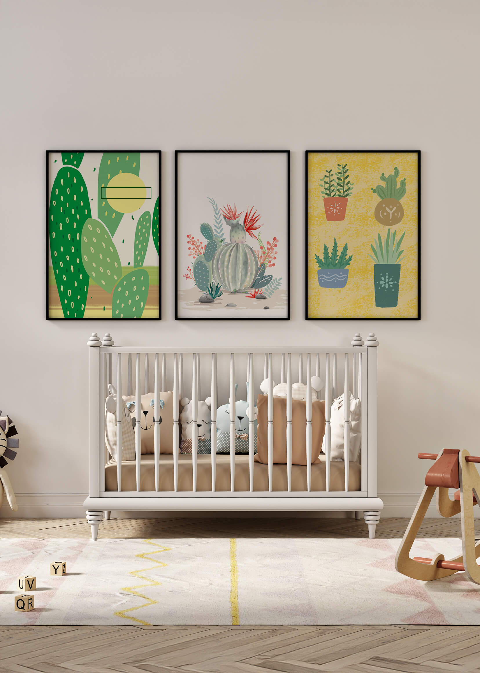 Conjunto de Ilustraciones de Cactus en Marcos de Madera en Pared Clara
