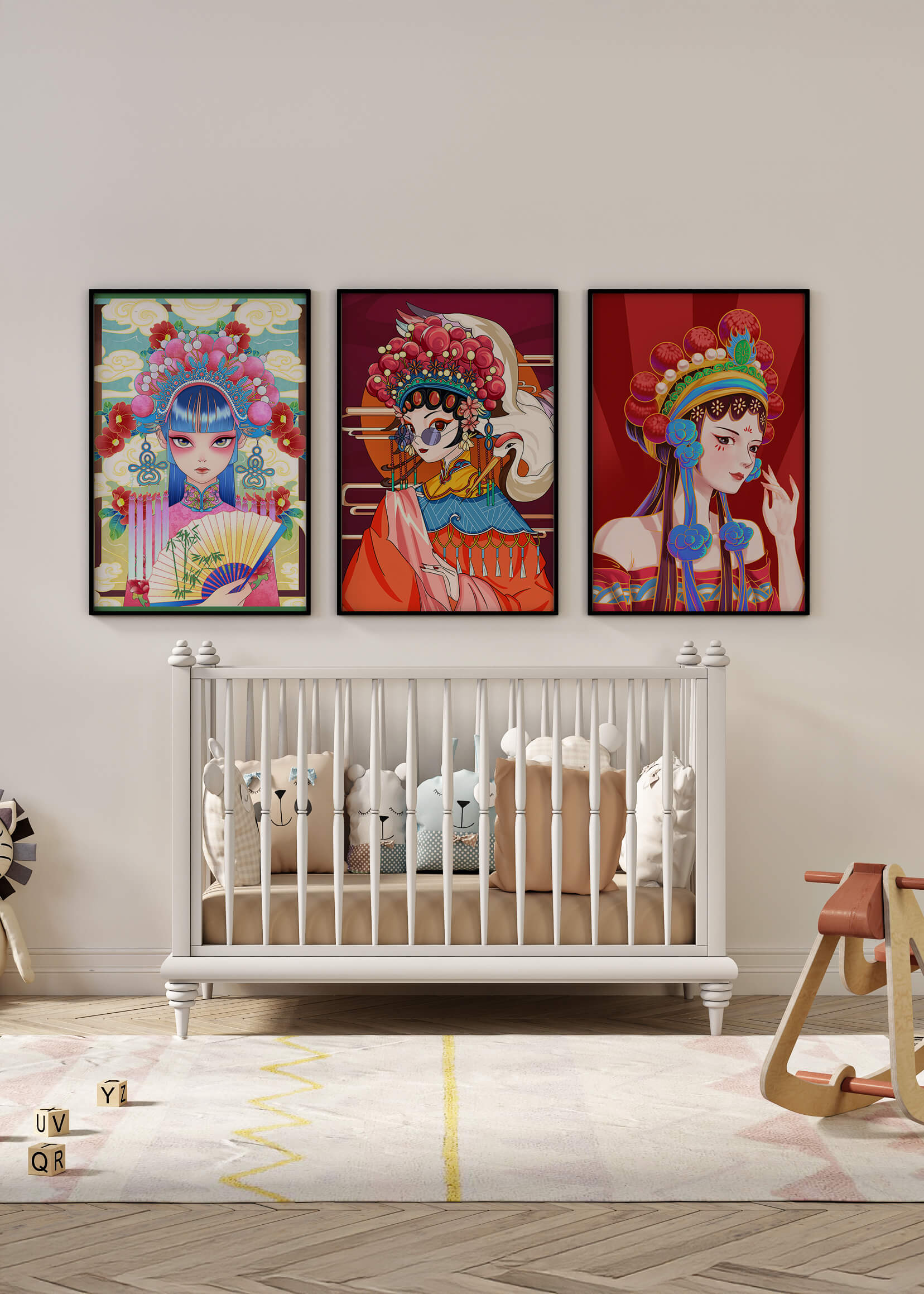 Arte Decorativo Oriental con Detalles Coloridos de Mujer en Impresión de Alta Calidad