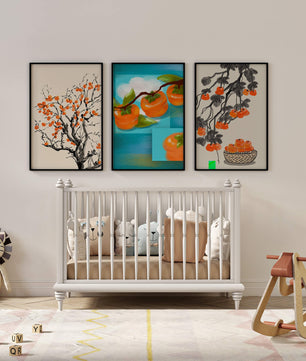 Tableaux avec motifs de kakis dans des tons orange et bleu