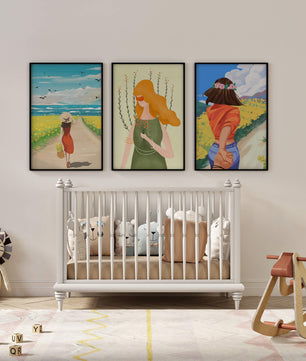 Ensemble de trois illustrations colorées dans des intérieurs modernes