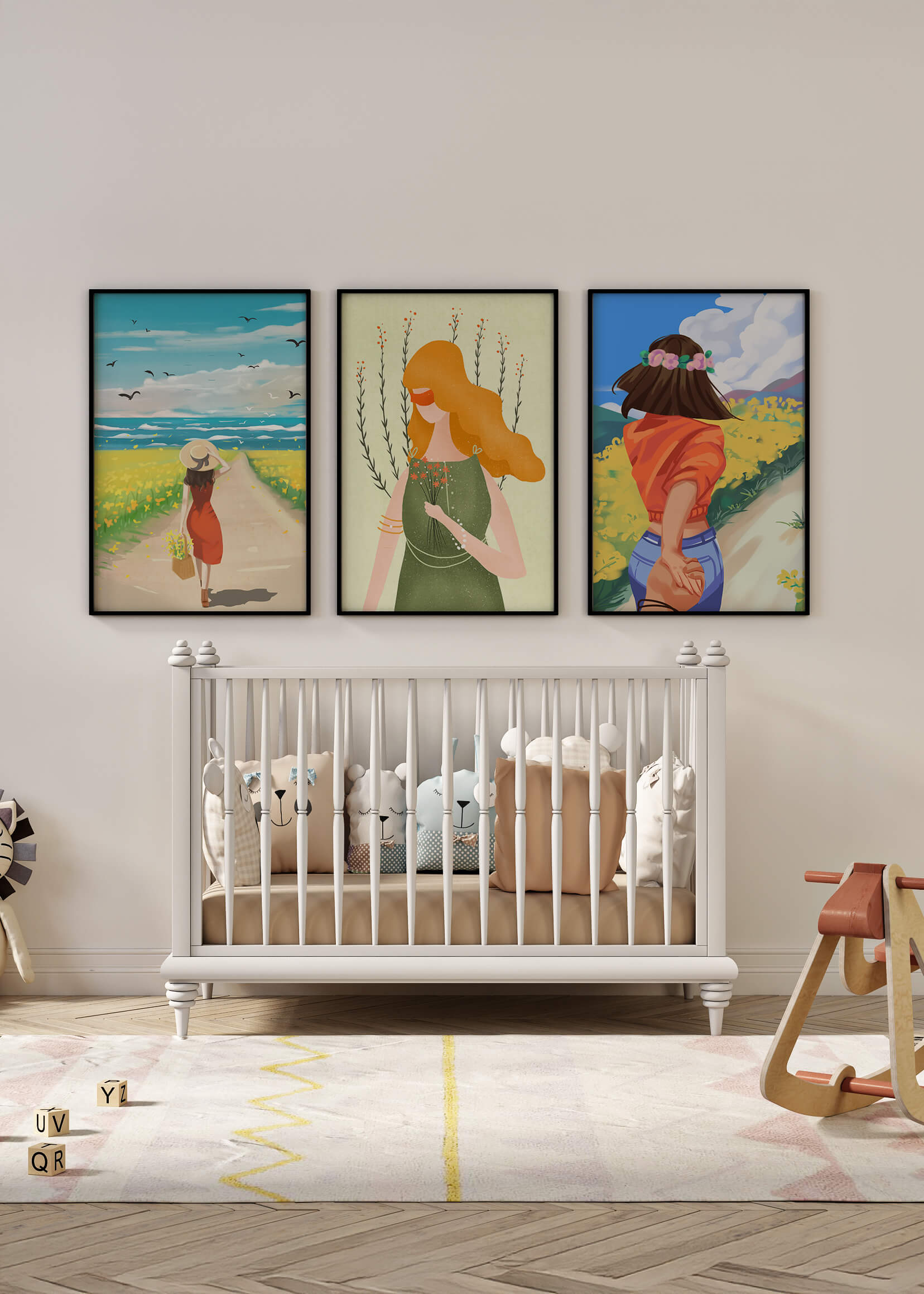 Ensemble de trois illustrations colorées dans des intérieurs modernes
