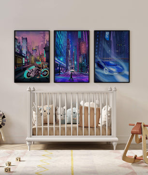 Ensemble d’impressions d’art futuriste avec des villes et des véhicules
