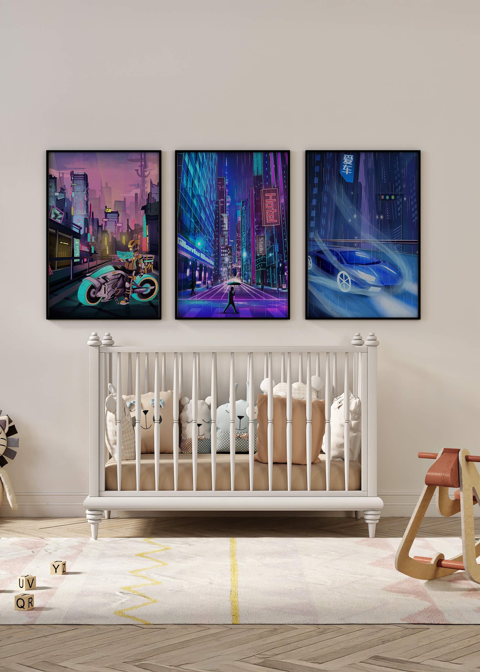 Ensemble d’impressions d’art futuriste avec des villes et des véhicules