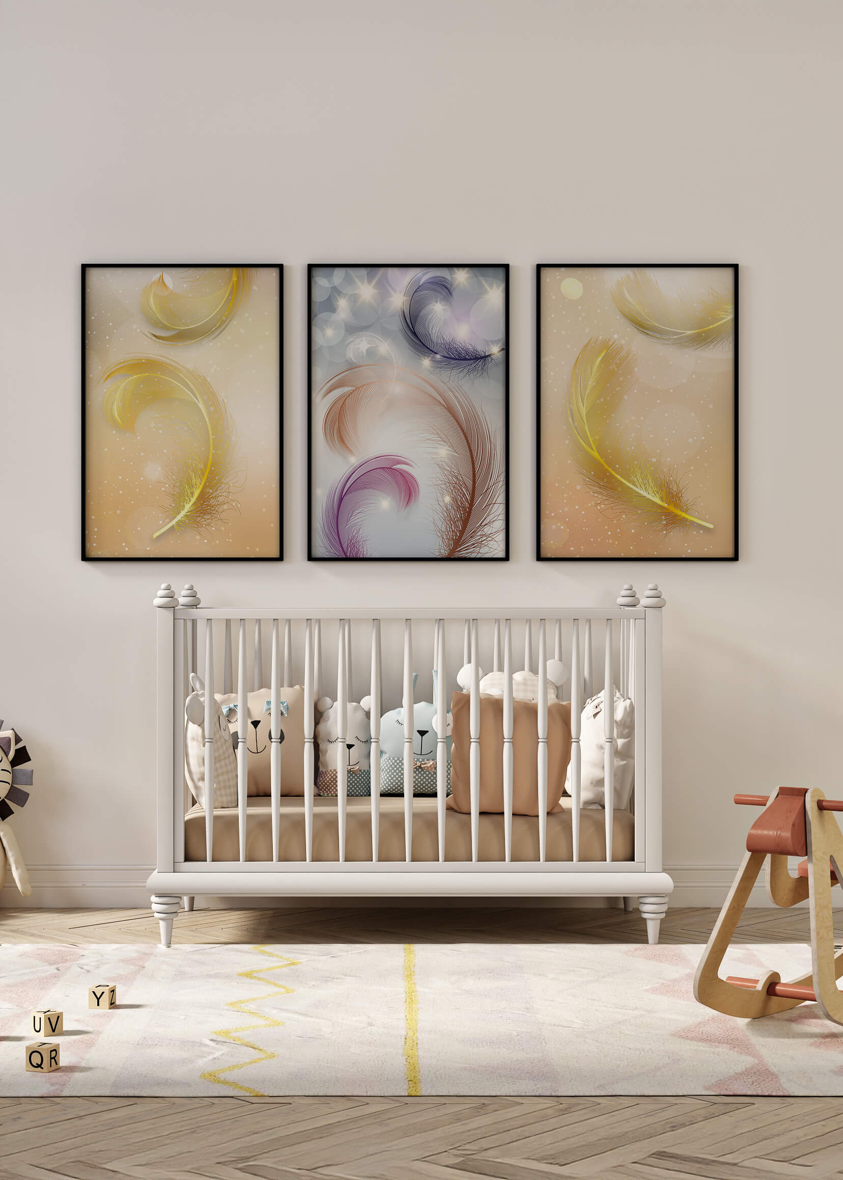 Décoration moderne avec des ensembles de plumes colorées dans des tons pastels