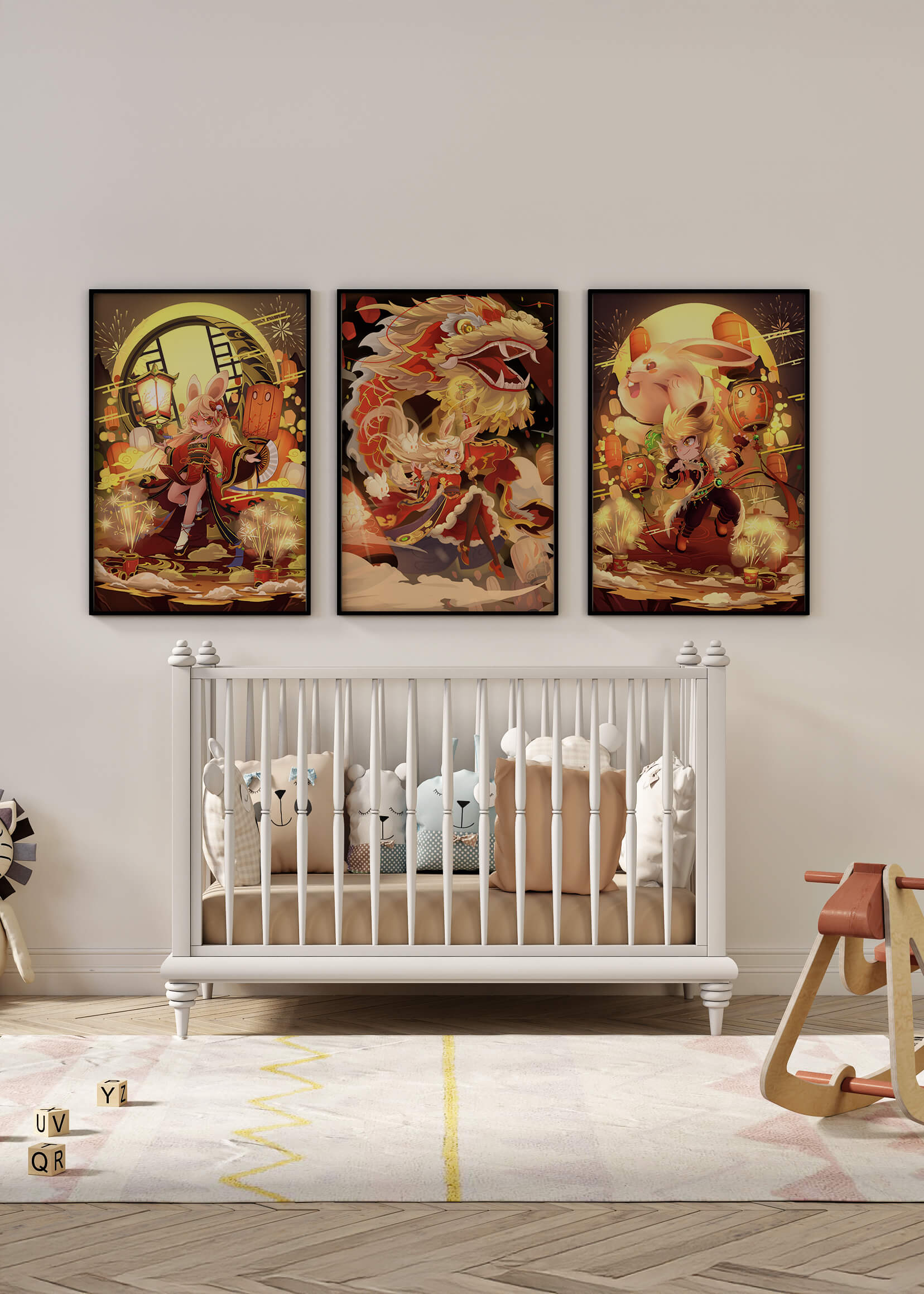 Ensemble d’illustrations sur le thème des dragons et des animaux aux couleurs chaudes
