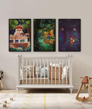 Triptyque d’illustrations fantastiques pour décoration enfantine