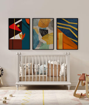 Conjunto De Tres Obras De Arte Geométrico Con Elementos Dorados Y Colores Vivos