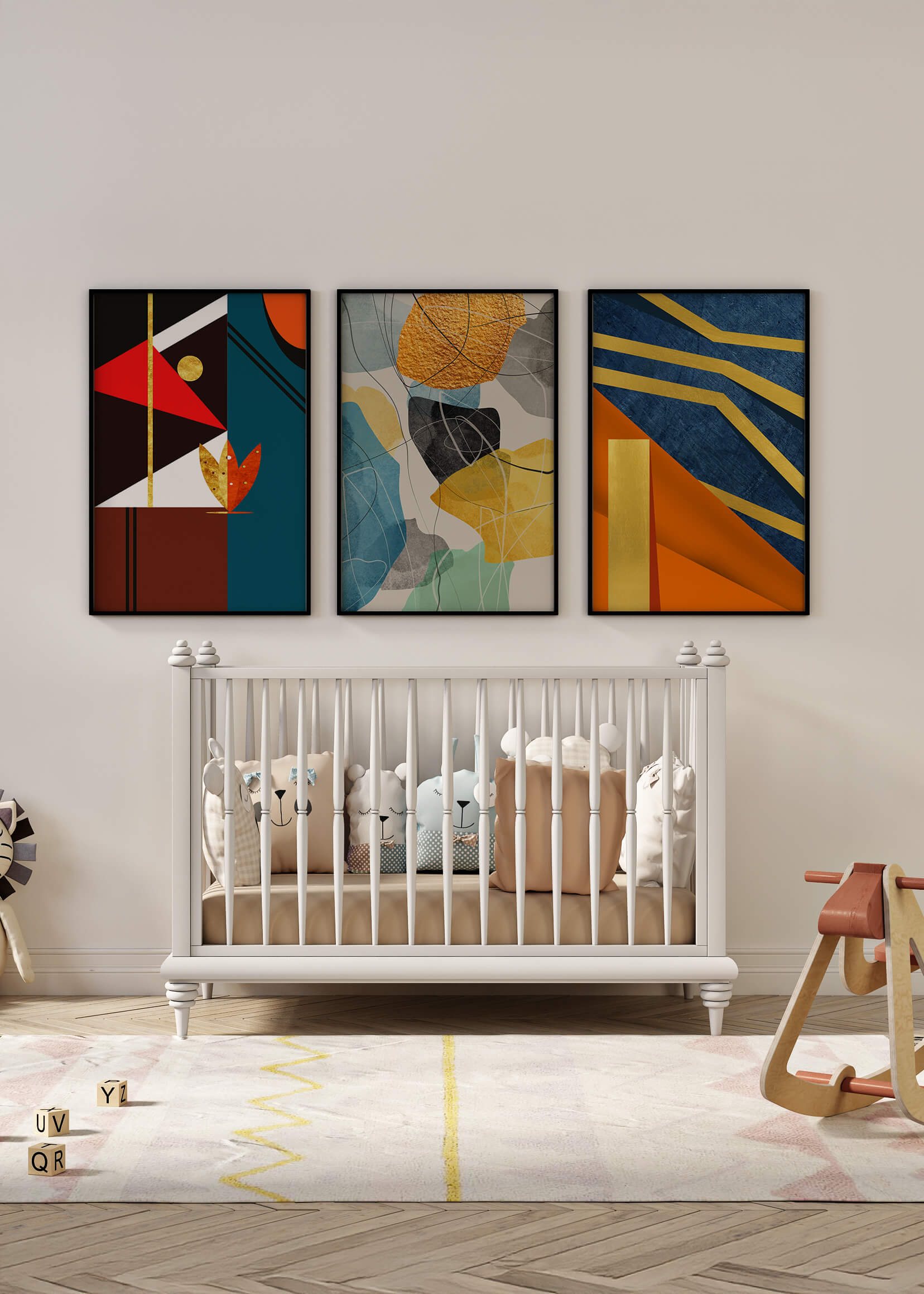 Conjunto De Tres Obras De Arte Geométrico Con Elementos Dorados Y Colores Vivos