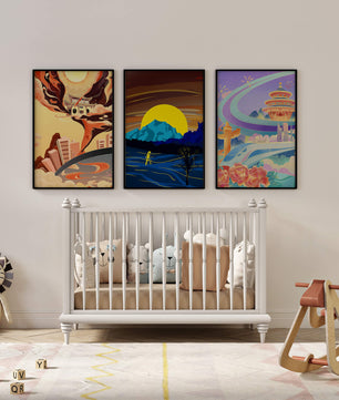Set aus abstrakter Kunst mit Landschaften und modernem Design