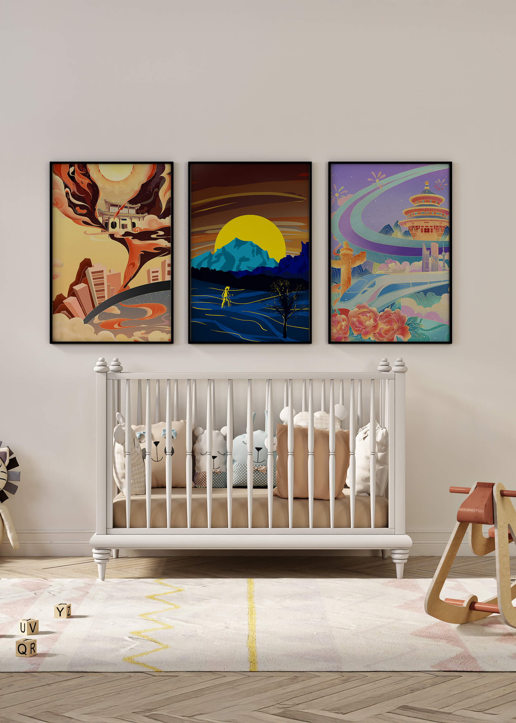 Set aus abstrakter Kunst mit Landschaften und modernem Design